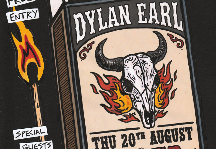 Illustration of a box of matches, with a flaming steer skull and the words 'DYALN EARL' and 'THUR 20TH AUGUST ALDER'