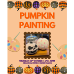 Poster for a pumpkin painting event on a beige background. Decorative Halloween pumpkins with patterned designs border the top and bottom. Large orange text reads “PUMPKIN PAINTING”. In the centre, a photo shows three painted pumpkins: one with a Jack Skellington face, one covered in pink ghosts, and one silver mirror-ball style pumpkin. Artist palettes and paintbrush illustrations appear on both sides. Text at the bottom reads: “Thursday 22nd October | 6pm–10pm” and “Seasonal Drinks | Music | Cakes”.