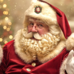 Close-up portrait of a person dressed as Santa Claus wearing a red velvet coat and hat trimmed with white fur, round glasses, white gloves, and a curly white beard and moustache. The figure is seated with both hands raised in a welcoming gesture. Warm golden lights and festive decorations are softly blurred in the background, creating a Christmas-themed setting.