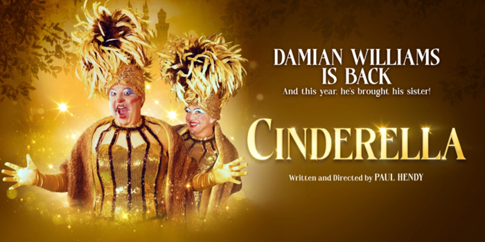 Poster for the event featuring Damian Williams dressed as a panto dame, in a sparkling gold number with a magnificent feathered hat. 