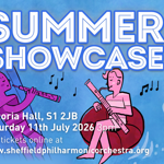 Poster for the event, listing the details over illustrations of people playing instruments.