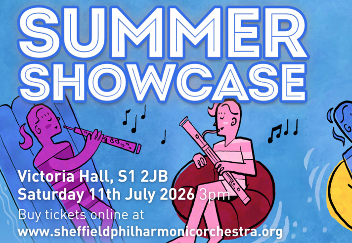 Poster for the event, listing the details over illustrations of people playing instruments.
