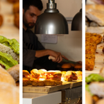 Three-panel collage showing freshly prepared food. The left and right panels feature sandwiches filled with bright green avocado spread alongside rows of golden fried patties on a wooden counter. The centre panel shows a chef working behind a serving station beneath metal heat lamps, with mini sandwiches displayed in the foreground. Warm lighting and shallow focus highlight the food and kitchen atmosphere