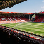 A view of the pitch at the Sheffield United FC grounds, on a sunny day.
