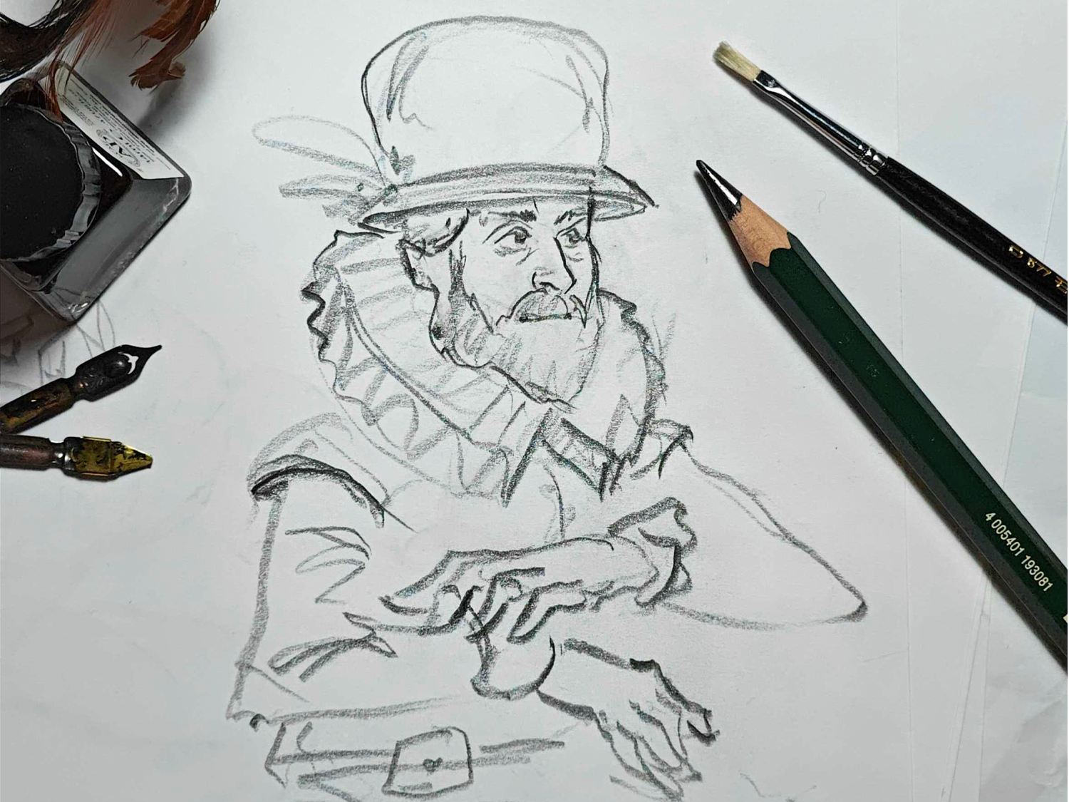 A pencil sketch of a bearded person in Tudor dress.