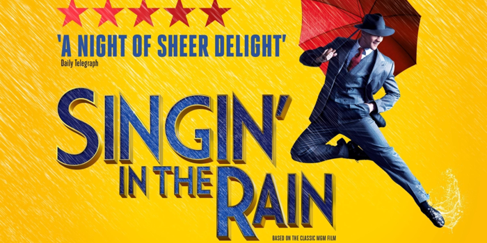 A promo for Singin' in the Rain with the classic image of a man dancing with an umbrella.