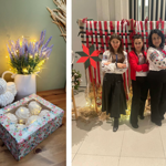 Two photos from a Ukrainian Christmas Market. Left: a floral gift box filled with white meringue-style sweets on a wooden table beside a jug of purple flowers wrapped in warm fairy lights. Right: three people in embroidered traditional-style clothing stand in front of a festive red-and-white display with straw decorations, lights and a large star ornament at a market stall.