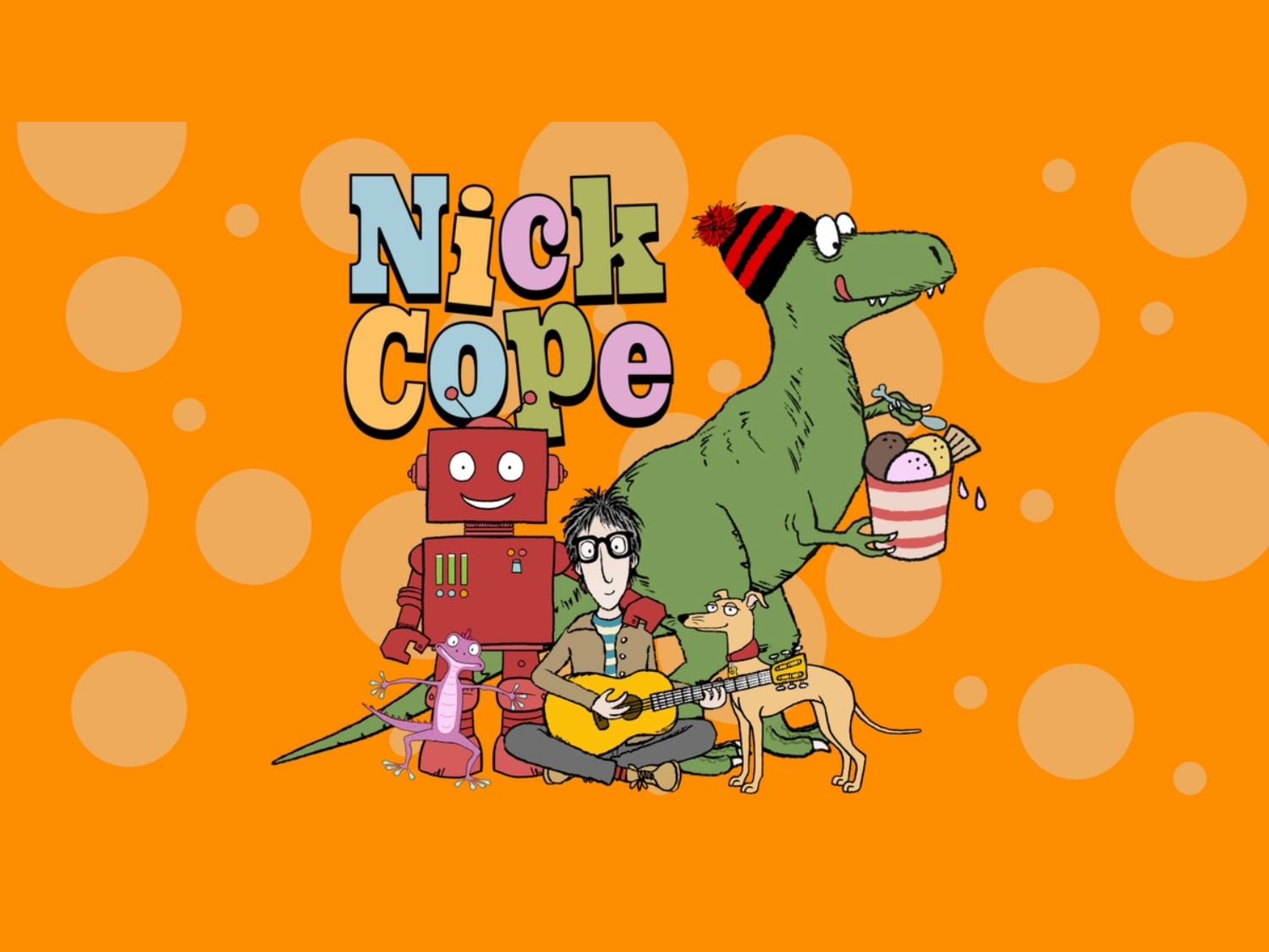 Promo image for the show that features a cartoon of a man sitting on the floor playing guitar, surrounded by a robot, a dinosaur eating ice cream, a lizard and a dog.