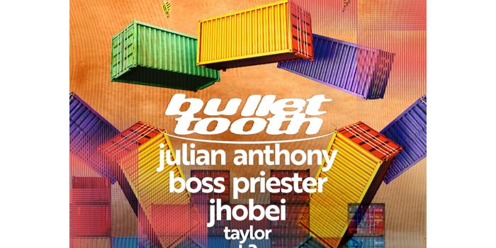 Promotional poster for a Groovebox x Bounded Festival event. Brightly coloured shipping containers in green, yellow, red and blue float and stack against an orange patterned background with digital glitch-style overlays. Large central text reads “Bullet Tooth”. Supporting artists listed are Julian Anthony, Boss Priester, Jhobei, Taylor and H3. Event details at the bottom: Bank Holiday Sunday, 30 August 2026, 14:00–23:00, Steelyard Sheffield. 