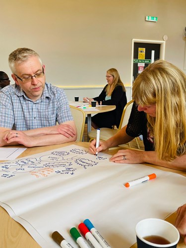 Two people seated at a table working on a large sheet of paper covered with handwritten notes and diagrams in blue and orange marker. Several colored markers are scattered on the table alongside a cup of coffee. In the background, other individuals are seated at round tables in a bright room with beige walls and a door displaying a green “Push bar to open” sign.