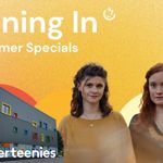 Promotional graphic for “Tuning In – Summer Specials” on a warm yellow-orange background. Large white title text appears above images of a modern grey building with brightly coloured window frames and mural artwork, alongside two portrait photographs of performers. The building is labelled “Concerteenies”. Circular orange and cream shapes sit behind the images, creating a vibrant summer-themed design.