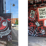 Murals in a 50s style on the outside of the Red Brick Market.