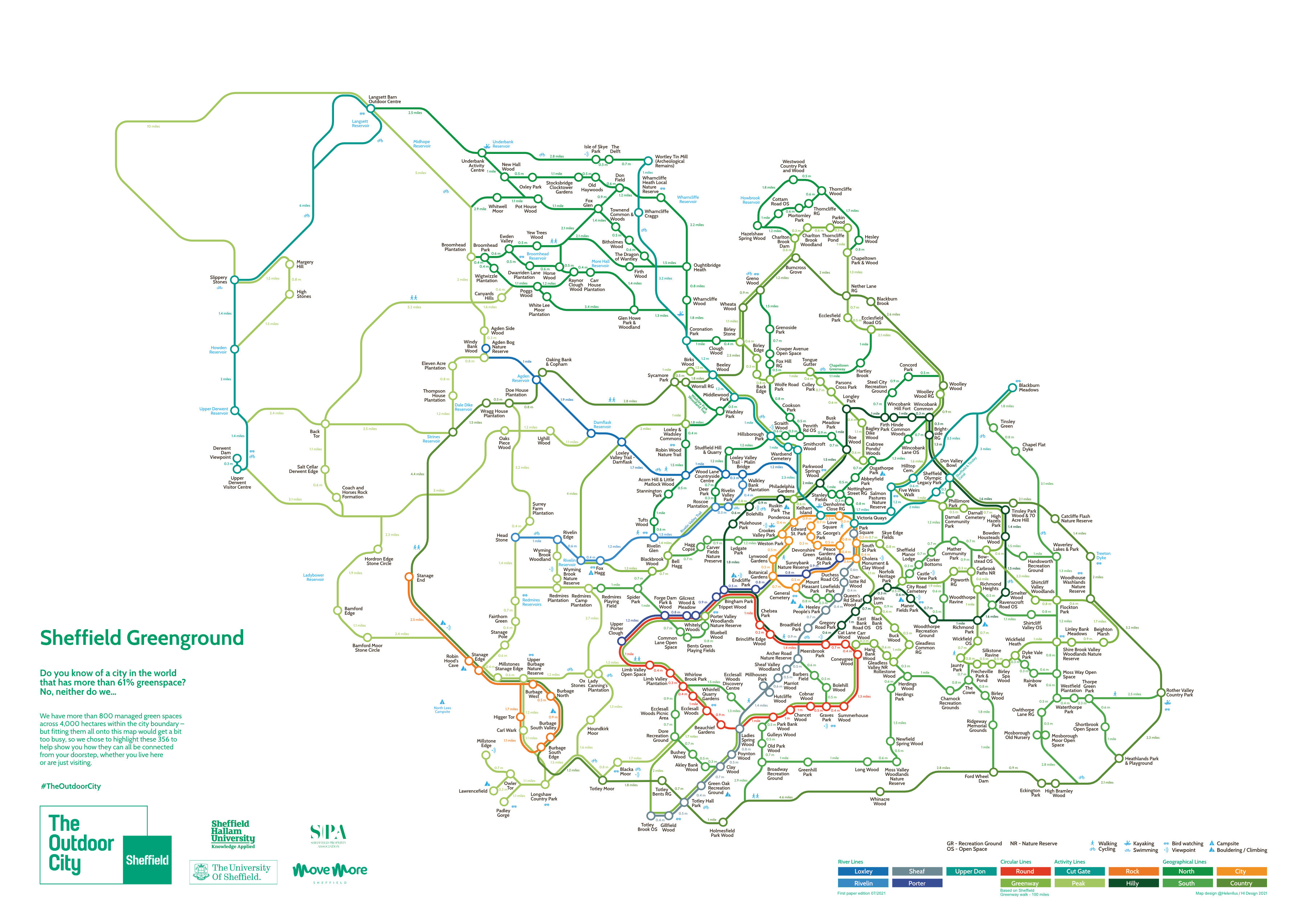 A detailed map titled “Sheffield Greenground” showing interconnected walking and cycling routes across Sheffield and surrounding areas. The map is styled like a transit diagram, with colored lines representing different route types such as parks, trails, and green spaces. Key locations, neighborhoods, and landmarks are labeled throughout the map. A legend at the bottom indicates route categories in various colors, and branding for The Outdoor City and partners appears in the lower-left corner.