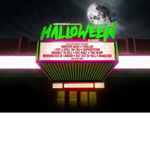Stylised Halloween-themed graphic of a cinema or theatre marquee lit with neon green, pink and yellow lights at night. A large full moon and flying bats appear in the dark sky above. Bright green text reads “Halloween” while the marquee lists classic horror-themed songs including Monster Mash, Thriller, I Put a Spell on You, Superstition and Highway to Hell. The image has a retro horror and concert-poster aesthetic.