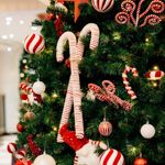 Close-up of decorations on a Christmas tree, all in a red and white colour theme.