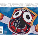 Colourful painted illustration of Jagannath, a Hindu deity, with large round white eyes, a red and black face, and outstretched arms against a bright blue background. Grey text across the top repeats “Hare Krishna” and “Hare Rama”. The ISKCON Sheffield logo appears in the bottom left corner.