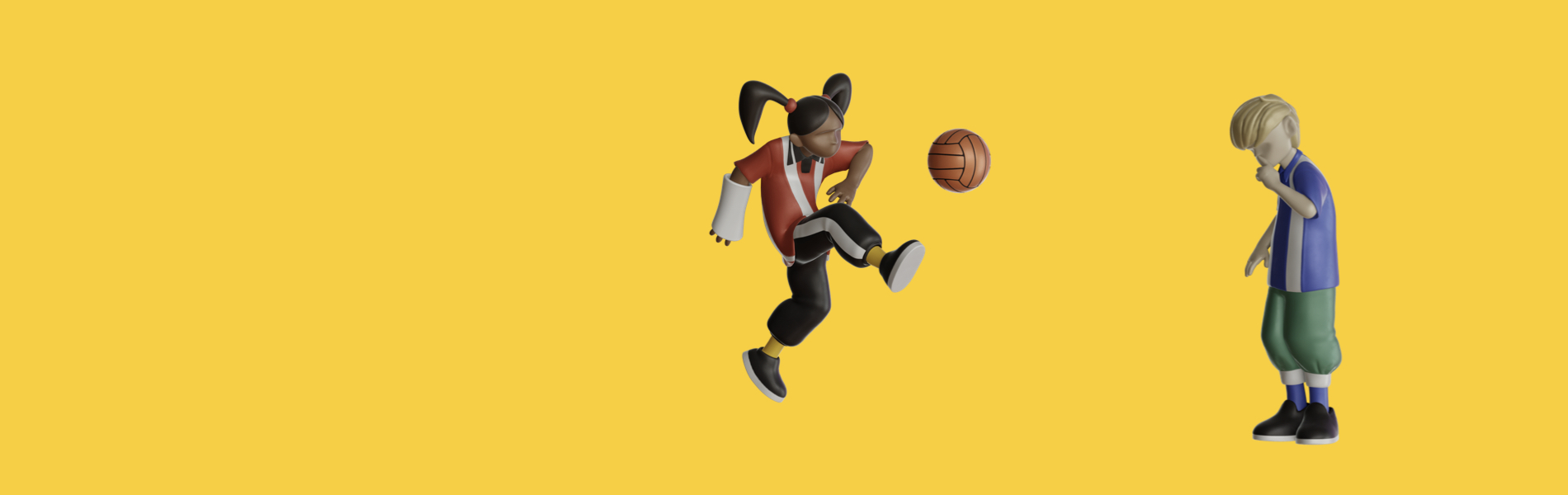 A digital image of a girl and a boy playing football on a yellow background.