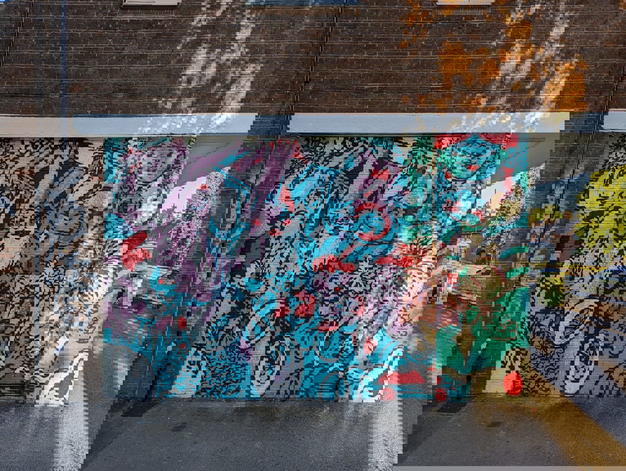 Colorful mural painted on a brick wall featuring a mix of cartoon-style characters, flowers, and abstract shapes in vibrant shades of red, turquoise, pink, and black. The design includes a central figure riding a bicycle, surrounded by playful patterns and decorative elements.