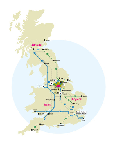 Map of the Uk with major routes to Sheffield highlighted.