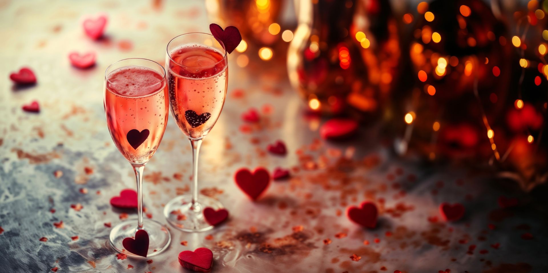 Two glasses of sparkling pink drink decorated with small heart shapes stand on a table scattered with red heart confetti. Warm golden lights and blurred bottles in the background create a soft, romantic atmosphere.