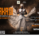 Promotional poster for IJAKADI (The Wrestle), a one-person performance artwork. A performer in flowing white robes and a crown-like headpiece stands centre stage against a dramatic dark backdrop, with swirling fabric creating wing-like shapes. Text announces: “IJAKADI (The Wrestle)”, created and performed by Julius Obende, directed and co-created by Joshua Alabi. The show takes place at 12pm on 10 October 2026 at the Montgomery Theatre, Sheffield. Age guidance 14+.