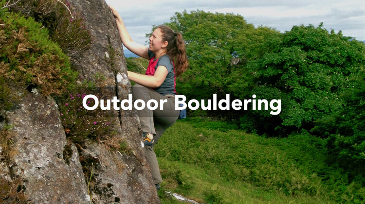 A woman bouldering in the countryside. Over the image are the words 'Outdoor Bouldering'.