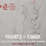 Promotional poster for a Halloween-themed life drawing session titled “Figures & Fabric.” The artwork features a delicate pencil sketch of a horned figure in profile with hair tied in a loose bun and long, pointed nails. Red accents highlight parts of the drawing, with a small illustration and the logo “NO:DC” in the top left. White text reads “Figures & Fabric – Relaxed Non-Traditional Life Drawing,” with “Halloween Edition” in red below.