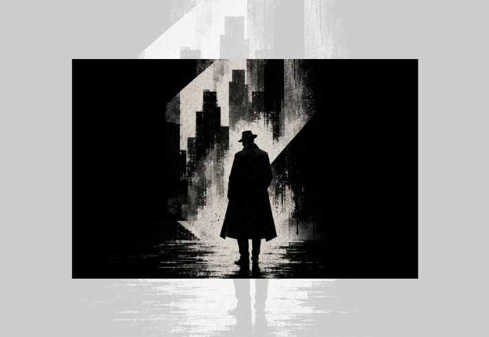 Black-and-white, high-contrast illustration of a solitary figure in a long coat and fedora standing on a wet, reflective street. The figure is silhouetted against angular shafts of light and abstract skyscraper shapes, creating a dramatic film noir atmosphere. Dark shadows frame the scene, with textured brush effects suggesting rain, mist, or urban decay.