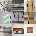 Nine artworks arranged in a 3x3 grid. The collection includes an abstract wire-frame sculpture, an urban landscape painting, rolled textile pieces, a geometric architectural illustration, a close-up of concrete and metal rods, an abstract striped composition, a painting of garages beside a lane, a colourful cabinet painting, and a square artwork made from many small circular elements. The works showcase a variety of contemporary styles, materials and techniques.