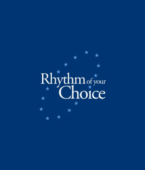 Logo with white text on a dark blue background reading 'Rhythm of your Choice' in serif font, surrounded by a curved arrangement of small white stars.
