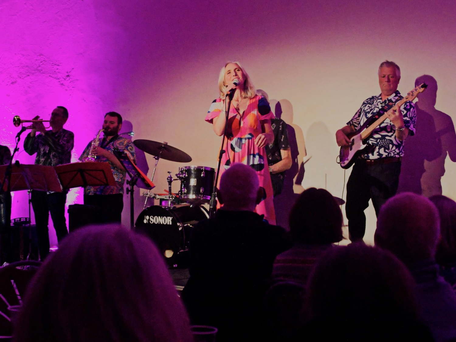 A live band performs on stage under purple lighting, featuring musicians playing trumpet, saxophone, drums, electric guitar, and bass. A vocalist stands at the centre wearing a colourful patterned dress, singing into a microphone. The audience is seated in the foreground, watching the performance against a plain wall backdrop.