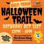 Halloween themed poster for the event with bats and spooky writing on an orange background.