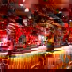 The bar, decorated in a Tiki style, at the Bamboo Door.