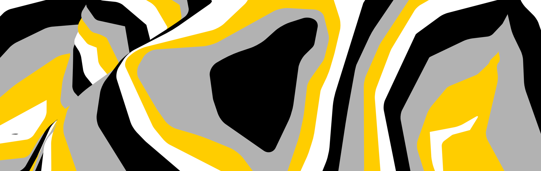 Abstract artwork featuring bold, wavy stripes in yellow, black, white, and gray. The shapes form irregular, layered patterns that create a sense of movement and distortion across the image.