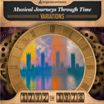 Poster for Brigantes Orchestra’s Musical Journeys Through Time: Variations. A large antique clock face with Roman numerals is surrounded by interlocking gears. In the centre, a colourful impressionist-style city skyline reflects on water in shades of blue, orange, pink and yellow. At the bottom, a mechanical display shows “1792 → 1978”, suggesting a journey through musical history and changing eras.