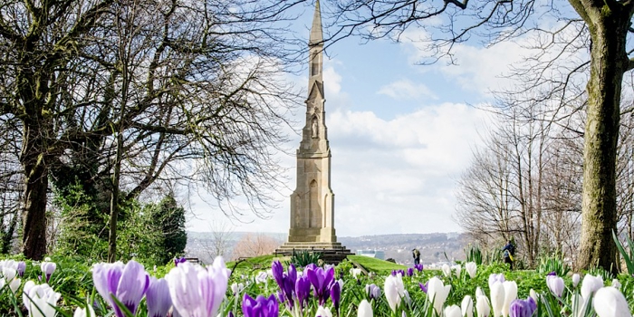 A tall stone monument with a pointed spire stands in a landscaped park surrounded by trees. In the foreground, vibrant purple and white crocus flowers bloom, creating a colorful frame for the monument. The background shows rolling hills under a partly cloudy sky, adding depth to the scenic view.