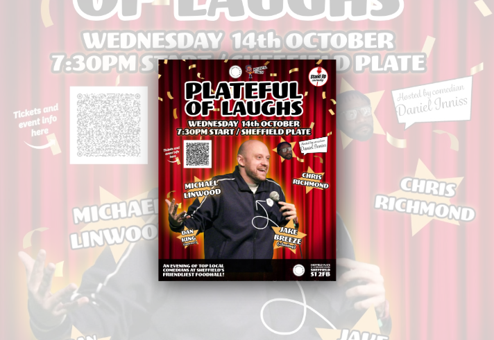 Comedy event poster with a red theatre-curtain background and gold confetti. Large text reads “Plateful of Laughs” with details for Wednesday 14 October, 7.30pm at Sheffield Plate. A performer holding a microphone is featured prominently in the centre, with smaller photos of other comedians around the poster. A QR code links to tickets and event information. The poster promotes an evening of local stand-up comedy at Sheffield Plate food hall.