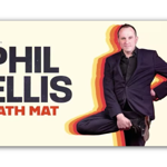 Promotional poster for “Phil Ellis: Bath Mat”. Large dark blue text reading “PHIL ELLIS” and smaller orange text reading “BATH MAT” appear on a light cream background. To the right, a person in a dark suit poses on one leg with a hand on their hip. A layered orange, red and yellow shadow effect behind the figure creates a retro, vibrant look.