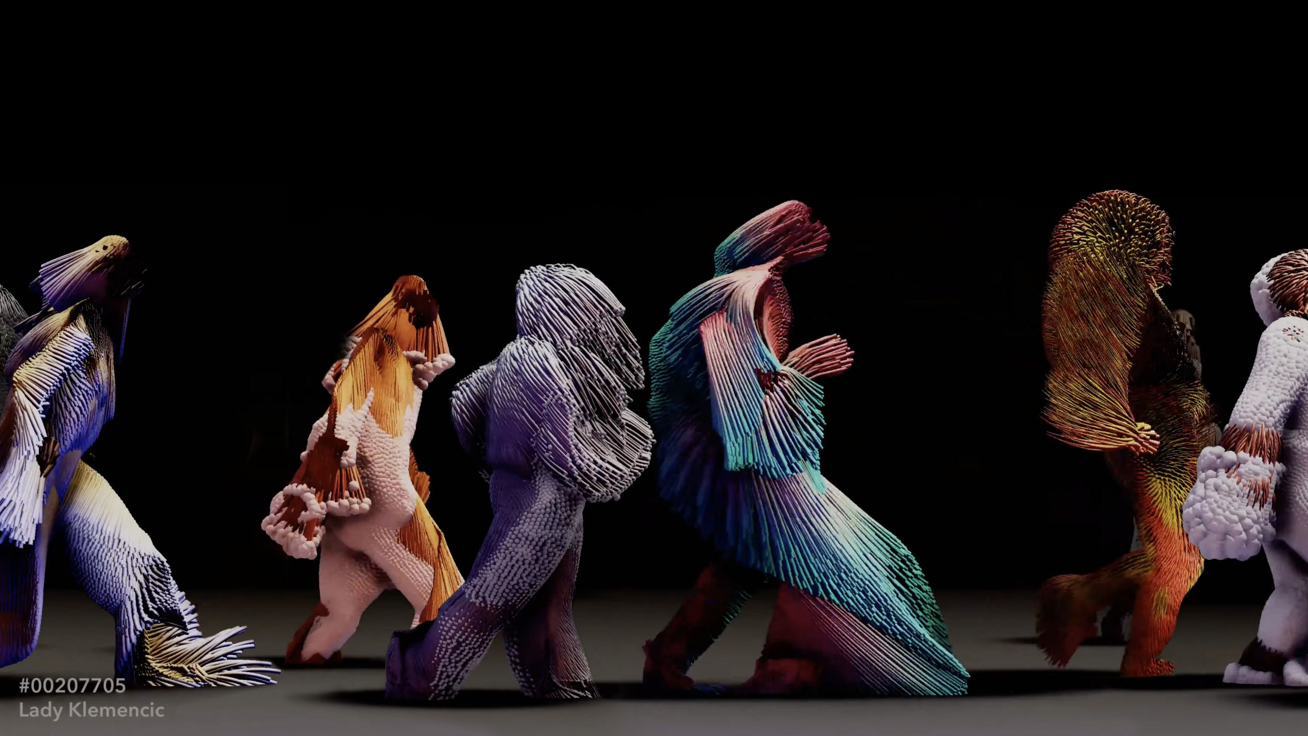 A piece of digital art featuring a row of figures walking in a line.