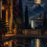 Illustration of a moonlit lakeside terrace at night. Warm light glows from an arched stone building draped with flowering vines. A still reflecting pool with lily pads fills the foreground. Tall dark cypress trees frame a view across shimmering water to a distant hillside town and castle-like buildings. A large full moon hangs among drifting clouds, casting silver reflections across the lake and creating a dramatic, romantic atmosphere.
