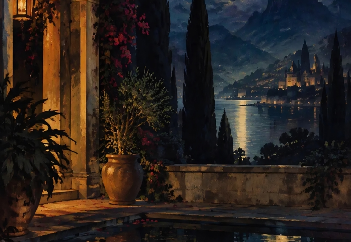 Illustration of a moonlit lakeside terrace at night. Warm light glows from an arched stone building draped with flowering vines. A still reflecting pool with lily pads fills the foreground. Tall dark cypress trees frame a view across shimmering water to a distant hillside town and castle-like buildings. A large full moon hangs among drifting clouds, casting silver reflections across the lake and creating a dramatic, romantic atmosphere.