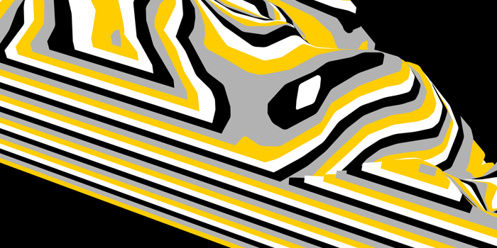 Abstract digital artwork featuring a diagonal, layered structure of wavy stripes in black, white, yellow, and gray against a solid black background. The stripes form a distorted, mountainous shape with flowing contours and bold contrasting lines, creating a dynamic, three-dimensional effect.
