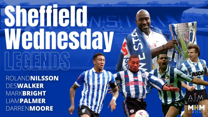 A promotional graphic featuring Sheffield Wednesday football legends. The design includes bold white and blue text reading “Sheffield Wednesday Legends” on the left, with names listed below: Roland Nilsson, Des Walker, Mark Bright, Liam Palmer, and Darren Moore. On the right, several players in blue-and-white striped kits are shown in action poses, alongside a large trophy. The background features a stadium scene with team branding.
