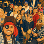 Stylised group selfie of people dressed in pirate-themed costumes at an outdoor team event. Several wear bandanas, eye patches, striped tops and pirate hats, while one person holds a toy cutlass. The group is gathered closely together between wooden barrels and building facades, posing for a photo. The artwork uses a warm illustrated effect in orange and navy tones, creating the appearance of a treasure-hunt or pirate adventure activity.