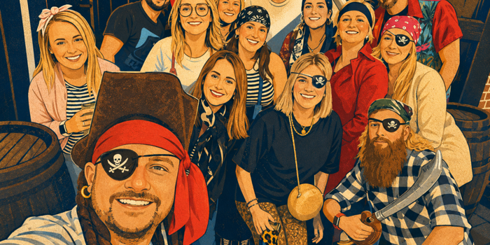 Stylised group selfie of people dressed in pirate-themed costumes at an outdoor team event. Several wear bandanas, eye patches, striped tops and pirate hats, while one person holds a toy cutlass. The group is gathered closely together between wooden barrels and building facades, posing for a photo. The artwork uses a warm illustrated effect in orange and navy tones, creating the appearance of a treasure-hunt or pirate adventure activity.