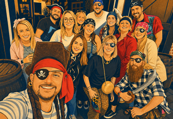 Stylised group selfie of people dressed in pirate-themed costumes at an outdoor team event. Several wear bandanas, eye patches, striped tops and pirate hats, while one person holds a toy cutlass. The group is gathered closely together between wooden barrels and building facades, posing for a photo. The artwork uses a warm illustrated effect in orange and navy tones, creating the appearance of a treasure-hunt or pirate adventure activity.
