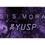 Text reading “ISIS MORAY AYUSP” displayed across a dark, abstract background of swirling purple and black liquid patterns. The stylised lettering uses varying fonts and spacing, with a glowing effect around some characters. The design has a modern, digital aesthetic, with subtle light flares and pixel-like accents scattered across the composition.