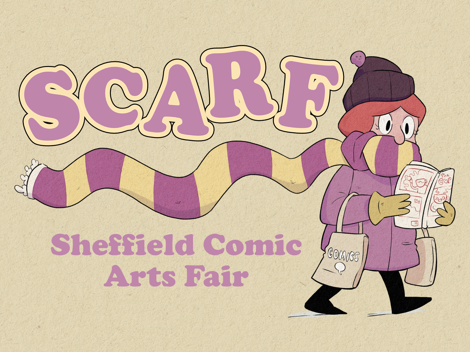 Poster for the event with ab illustration of a person walking along, reading a comic, with their long scarf fluttering behind them 