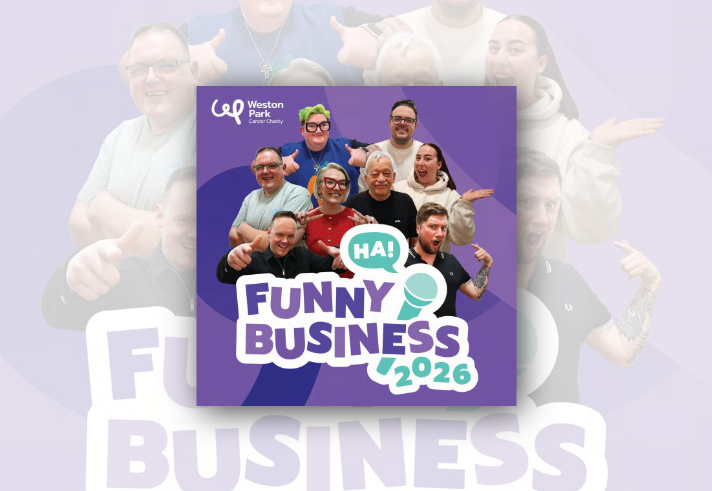 Promotional graphic for Weston Park Cancer Charity's “Funny Business 2026” event. Eight people are arranged around a large event logo featuring a speech bubble with “HA!” and a microphone icon. The group pose with thumbs up, pointing gestures and raised hands against a purple geometric background. The Weston Park Cancer Charity logo appears in the top left. Large text reads: “FUNNY BUSINESS 2026”.