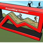 Illustrated graphic showing a large red upward-trending arrow inside a rectangular frame labelled “Everything Awesome”. The arrow forms a winding trail through hills, with a mountain biker and hiker travelling along it. Silhouettes of people taking part in outdoor activities, including archery, paddleboarding and climbing, appear around the frame. The image uses bright colours and suggests adventure, recreation and positive growth.
